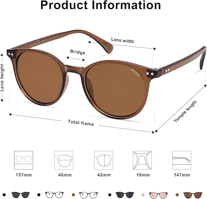 SOJOS Small Round Classic Polarized Sunglasses for Women Men Vintage Style UV400 Lens MAY SJ2113
