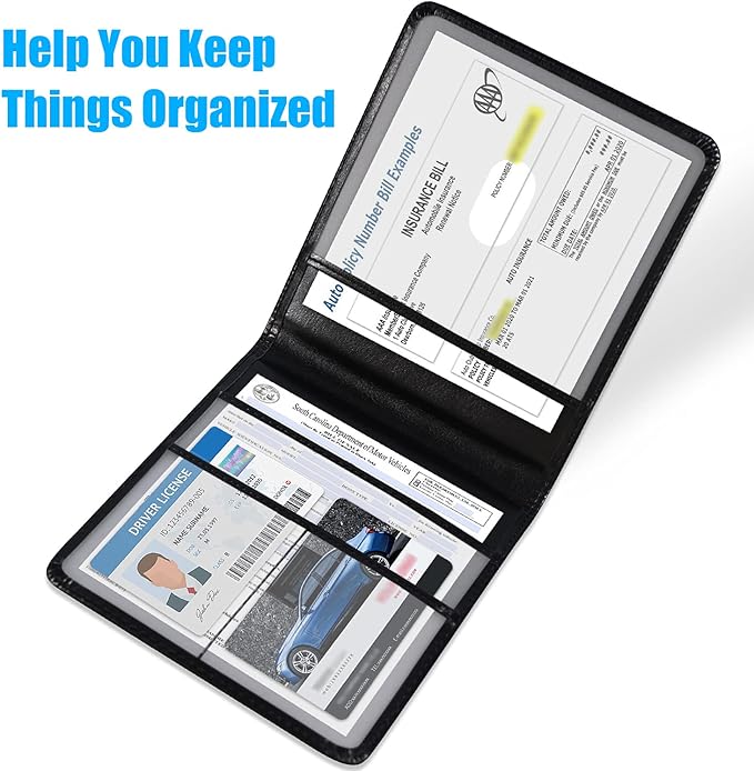 DMLuna Car Registration and Insurance Holder, Folio Leather Vehicle Card Document Glove Box Organizer, Auto Truck Compartment Accessories for Essential Information, Driver License Cards, Black