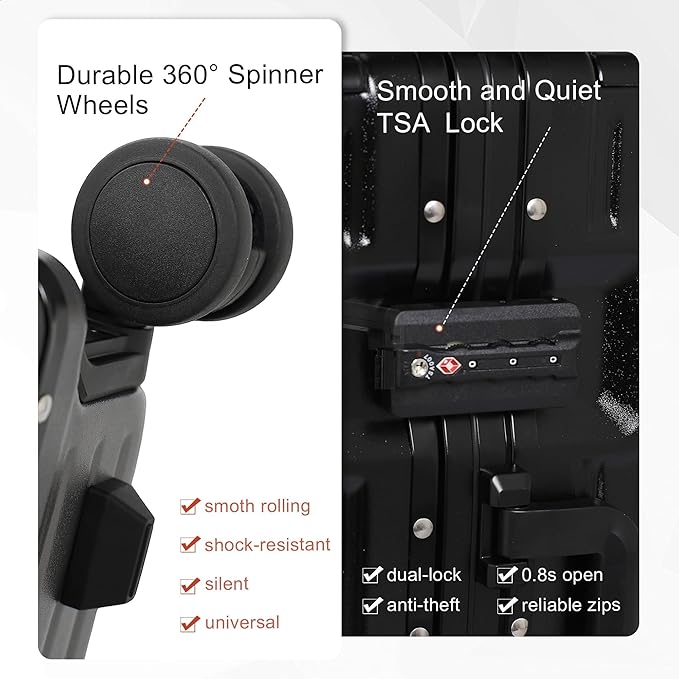 24 Inch Check-In Luggage Aluminum Frame Zipperless Luggage, Hard Shell Suitcase TSA Approved Checked Luggage, ABS+PC Lightweight Zipperless Suitcase with Spinner Wheels (Black)