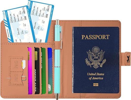 Passport Holder, Travel Wallet Cover with Pen Loop | Cute RFID Blocking Leather Case with Magnetic Closure for Travel Essentials-Leopard