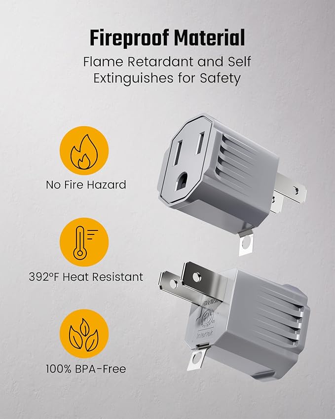 2 Prong to 3 Prong Outlet Adapter, ETL Listed 3-2 Prong Adapter, Fire-Retardant (392℉) PBT Material, Heavy Duty Wall Plug Adapter for Old Homes, Travel to Japan, Gray (Light Gray (2-Pack))