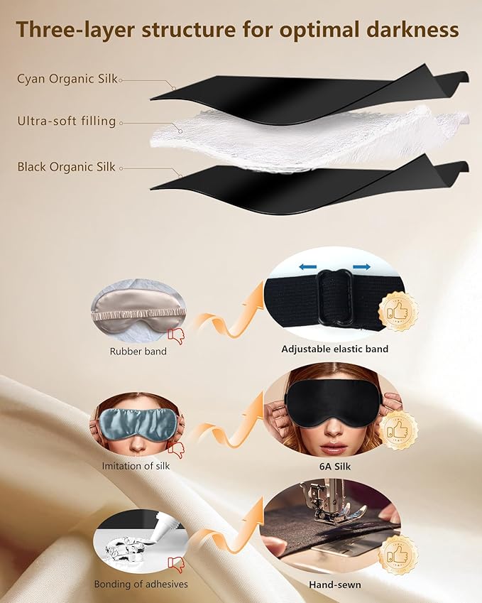 Silk Sleep Mask for Women and Men - Soft Breathable Organic Natural Mulberry Silk Fabric Blackout Eye Mask with Adjustable Straps No Pressure Eye Mask for Travel Essentials Gifts (Black)
