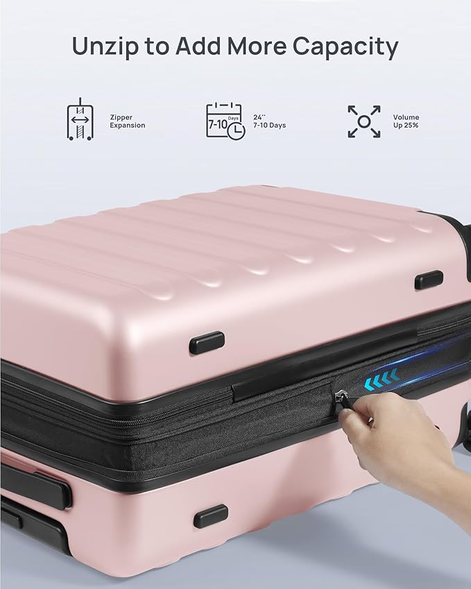 NINETYGO Medium Checked Luggage 24 Inch, Checking In Luggage with Smooth Spinner Wheels, Expandable, Hard Shell PC Suitcase, Lightweight Travel Luggage, TSA Approved (Pink, Rhine Max)