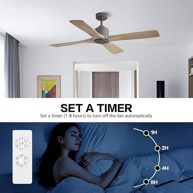 WINGBO 48 Inch DC Ceiling Fan without Lights, 4 Carved Solid Wood Blades, 6-Speed Noiseless Reversible DC Motor, Modern Ceiling Fan No Light with Remote, Graphite Finish with Gray Blades, ETL Listed