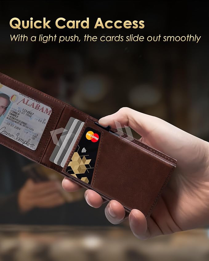 Wallet for Men - RFID Blocking [Functional & Practical] Bifold Slim Minimalist Credit Card Holder Pop Up Metal Case with Cash Slot, Front Pocket with ID Window, Gift Boxed