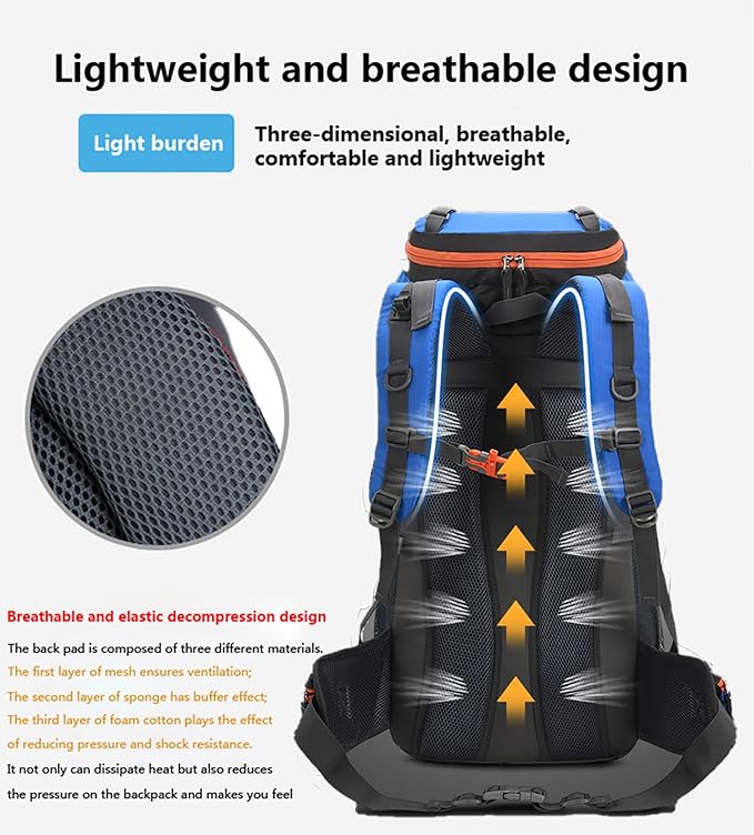 Bseash 60L Hiking Camping Backpack with Rain Cover, Waterproof Large Capacity Outdoor Sport Travel Daypack Climbing Touring (Gray)