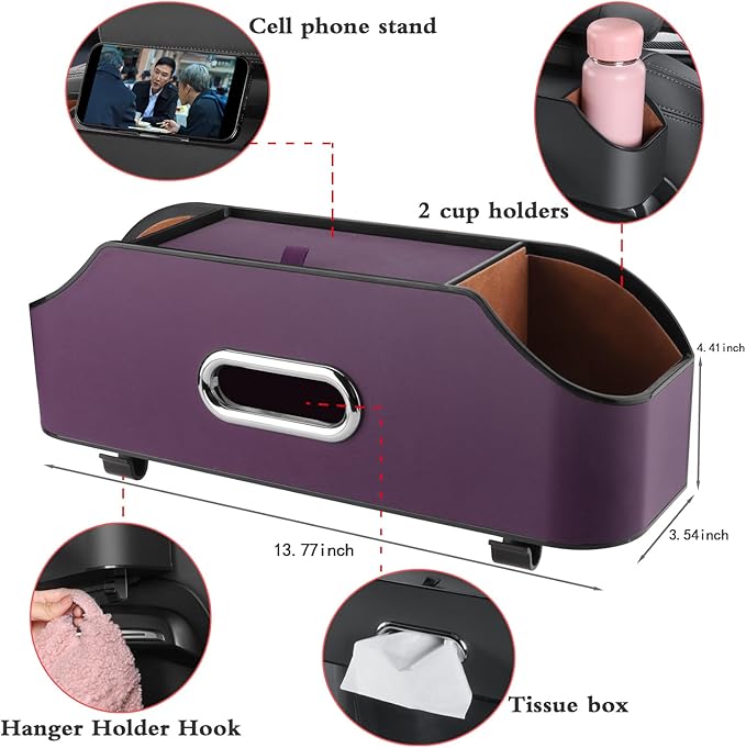 HOLDCY Car Back Seat Organizer with 2 Drink Cup Holder - Tissue Box and Storage Box Hook - Multi-functional Storage - Great for Kids and Travel (Purple)