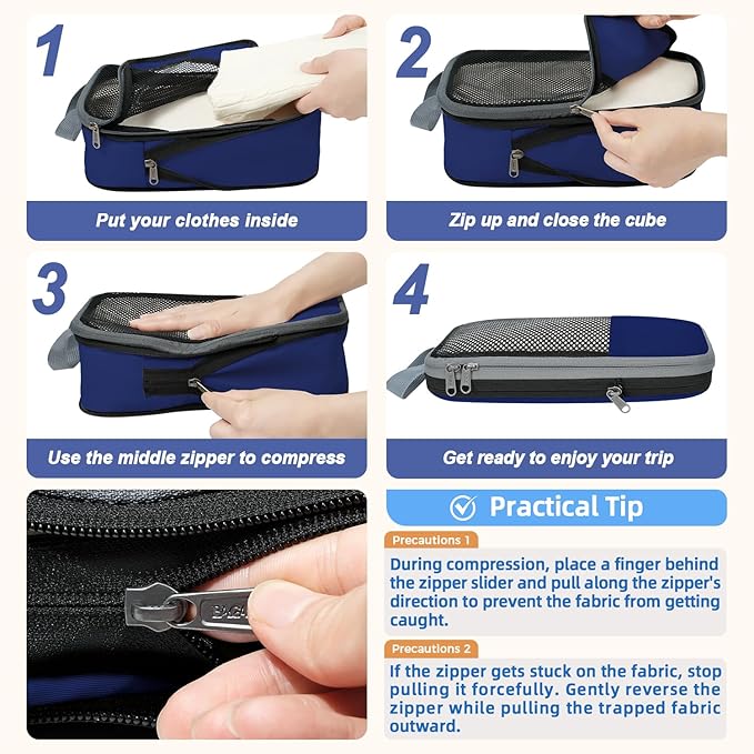 BAGAIL 4 Set/6 Set/8 Set Compression Packing Cubes Travel Accessories Expandable Packing Organizers (Half Mesh, 6-Navy)