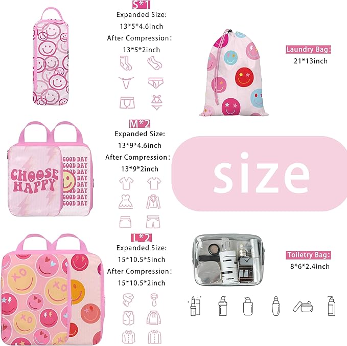 8 Pcs Compression Packing Cubes for Travel, Lightweight Waterproof Luggage Organizer Bags Set, Washable Packaging Cubes for Women Backpack Carry-On Suitcases