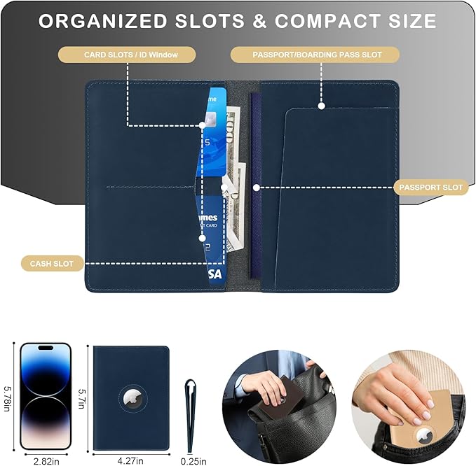 Airtag Passport Holder for Women Men Travel, Real Leather Passport Wallet, Handmade Passport Cover Case with Airtag Slot, Travel Must Haves Essentials Accessories Birthday Gifts (Crazy Horse, Blue)