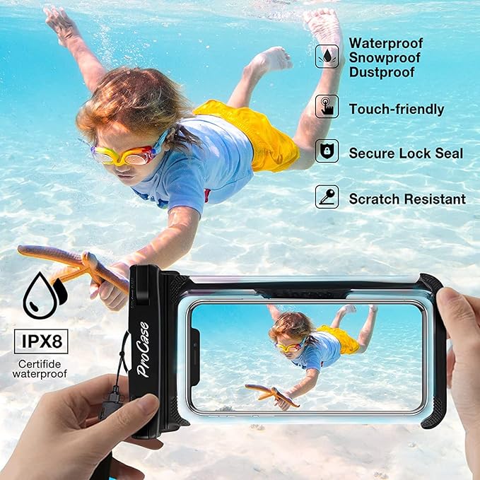 ProCase 2 Pack Waterproof Phone Pouch, Underwater Phone Case Up to 7", Dry Bag for iPhone 17 Air 16 15 14 13 Pro Plus Max, Galaxy S24 S23 S22 Ultra Pixel, Beach Essentials -Black