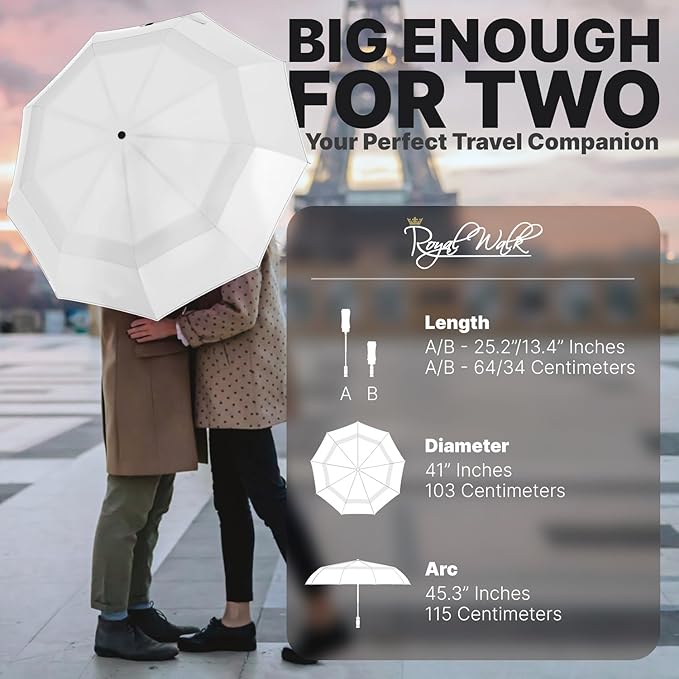 Royal Walk Windproof Folding Travel Umbrella Compact and Strong Luxurious Real Wood Handle Automatic Open Close Vented Double Canopy for Men and Women
