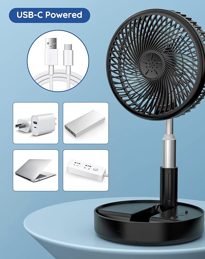 Primevolve Battery Operated Fan,Portable Rechargeable USB Floor Table Desk Fan with Adjustable Height, 4 Speed Settings Pedestal Fan for Bedroom Camping Travel,Black 7.7"