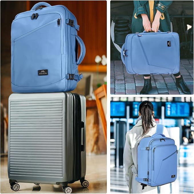 MATEIN Big Backpack for Travel, Carry on Backpack for Airlines with Hide Away Shoulder Straps, Large Hiking Daypack with 2 Handles, Gifts for Traveler Women, Light Blue