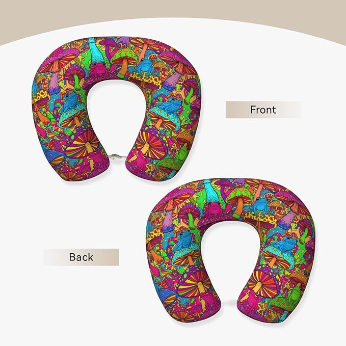 Support Neck Pillow for Youth Travel, Washable Airplane Chin Supporting and Relax U Shaped Pillows Watercolor Frogs Trippy Mushroom Cartoon
