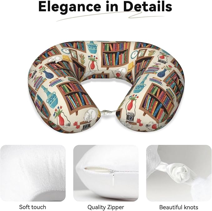 Travel Pillow Chin Neck Support, Comfortable Airplane Car Pillows for Rest, Memory Foam U Shaped Office Home Nap Sleeping Cushion Sleeping Cat Bookshelf Library