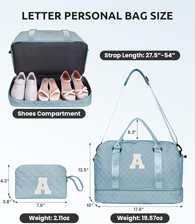 Vogewood Birthday Gifts for Women-Initial Duffle Bag, Personalized Monogram Overnight, letter Travel Bag with Shoe Compartment and Makeup Bag