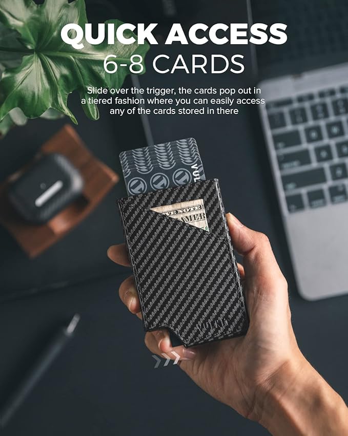 VULKIT Pop up Card Wallet RFID Blocking Slim Aluminum Metal Bank Card Holder Case with Business Money Pocket for Credit Cards Notes and Coins (Carbon Fiber Black)