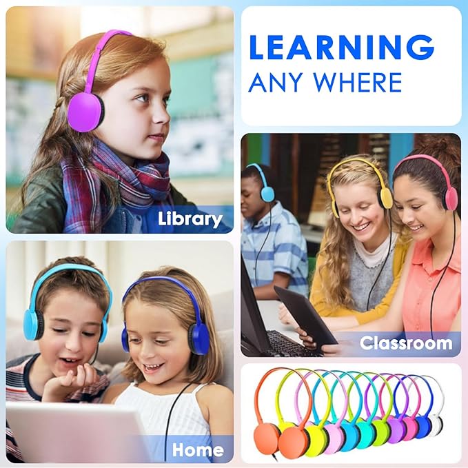 Bulk Headphones 50 Pack Multi Colored for Classroom Kids, Wholesale Wired Adjustable Headphones Earphones for Students, Schools, Children, Libraries, Museums