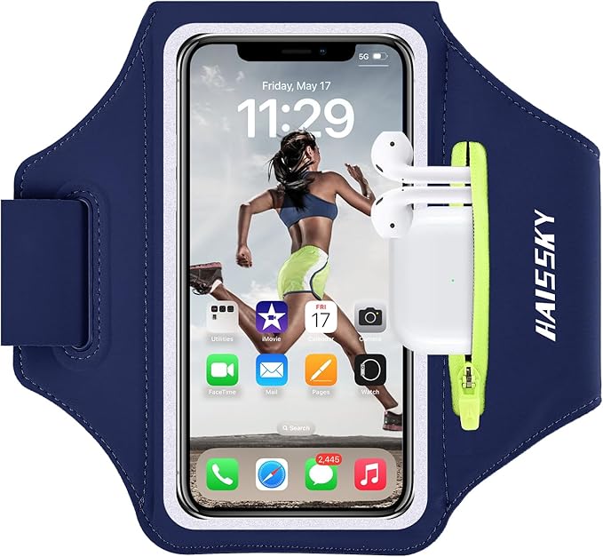 Cell Phone Running Armband with Earbuds Zipper Pocket Armband Case Running Holder for iPhone 15 Pro Max /14/13/ 12/11 Pro Max/XS/XR,Galaxy S20 S10,Sweatproof Arm Band with Card/Key Bag
