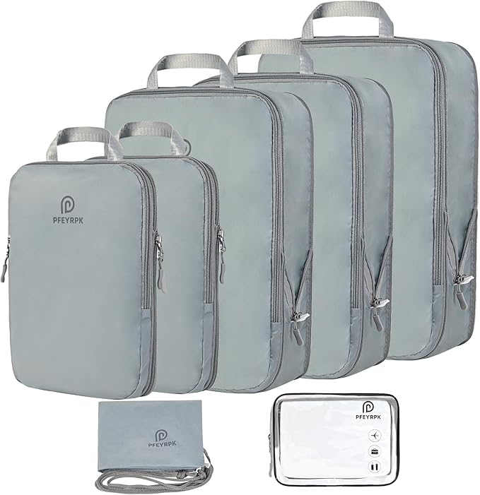 Lightweight Compression Packing Cubes for Suitcases, Compressible Expandable Travel Packing Organizer with Clear Toiletries and Backpack Bag, Travel Essentials for Carry on Luggage 7 Set