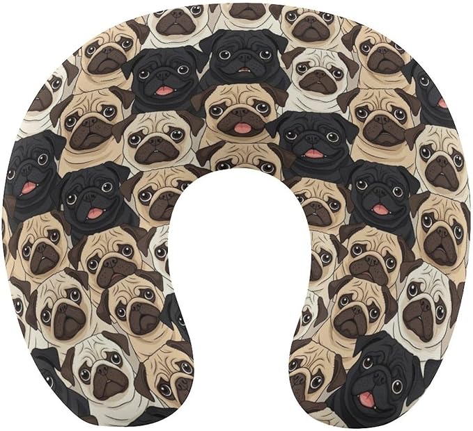 Memory Foam Travel Pillow Chin Head Support Cushion Cute Black Pug Dogs, Washable Removable Cover for Airplane Car Outdoor Sleep