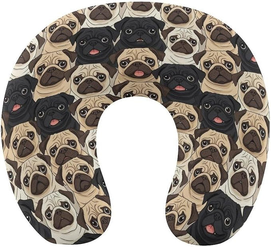 Memory Foam Travel Pillow Chin Head Support Cushion Cute Black Pug Dogs, Washable Removable Cover for Airplane Car Outdoor Sleep