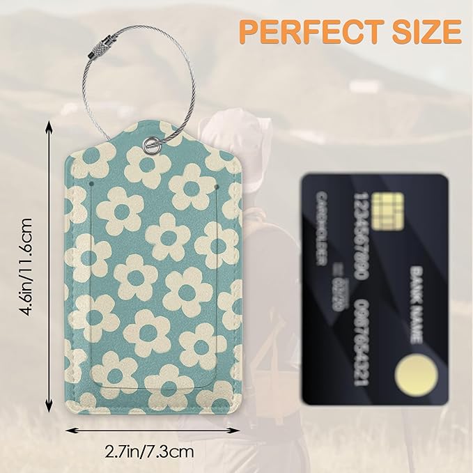 Vintage Cream Daisy 3 Pack PU Leahter Luggage Tag with Stainless Steel Loop, Pastel Pink Floral Checkerboard Travel Suitcase Labels with Privacy Cover ID Label Quickly Spot for Bags
