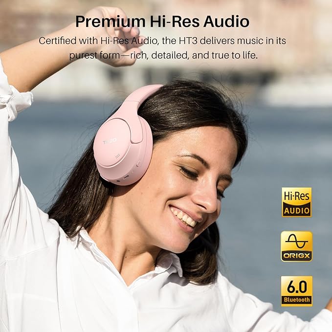 TOZO HT3 Hybrid Noise Cancelling Headphones, 90H Playtime Wireless Over Ear Bluetooth Headset, Spatial Audio AI Chat with 5 Mics, Supports Dual Connection and USB-C Input, with 32 EQ Music Modes