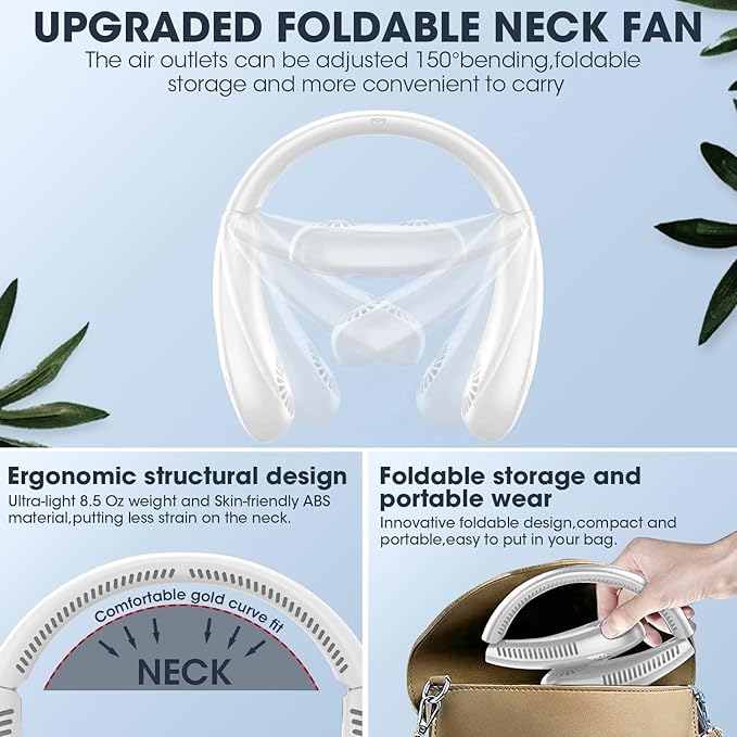 Foldable LED Display Neck Fan - 5000mAh Portable Bladeless Fan with 3 Speeds, USB Rechargeable Personal Neck Cooler for Travel, Outdoor, Office, Camping - White