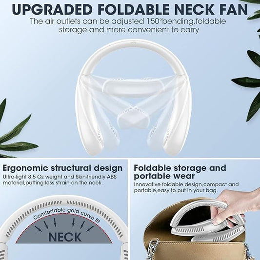 Foldable LED Display Neck Fan - 5000mAh Portable Bladeless Fan with 3 Speeds, USB Rechargeable Personal Neck Cooler for Travel, Outdoor, Office, Camping - White