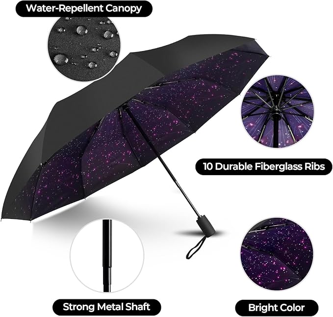 LLanxiry Compact Travel Umbrella, Automatic Open/Close Windproof Umbrella, 10 Fiberglass Ribs, 210T Pongee, UPF 50+ Sun/Rain, Lightweight Portable Umbrellas Travel Size with Carry Sleeve