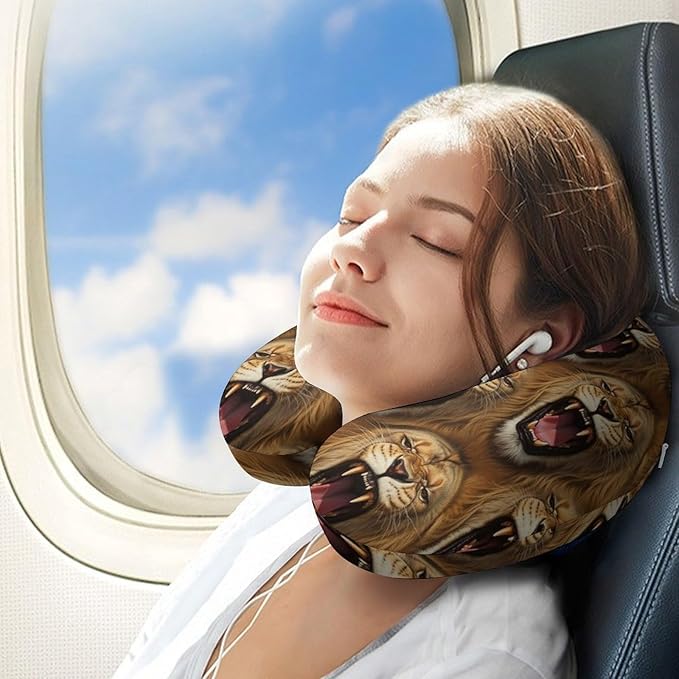 Travel Neck Pillow Memory Foam Chin Cushion Angry Lion, Washable Cover for Men Women Youth Airplane Car Pain Relief