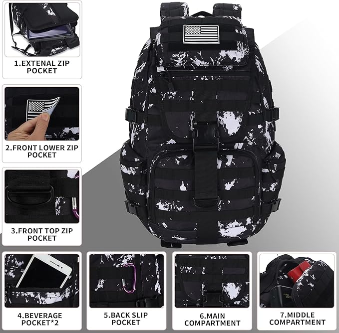HongXingHai 50L Military Tactical Backpack 3 Day Assault Pack Molle Daypack Hiking Backpack for Men and Women (Black-White Lightning)
