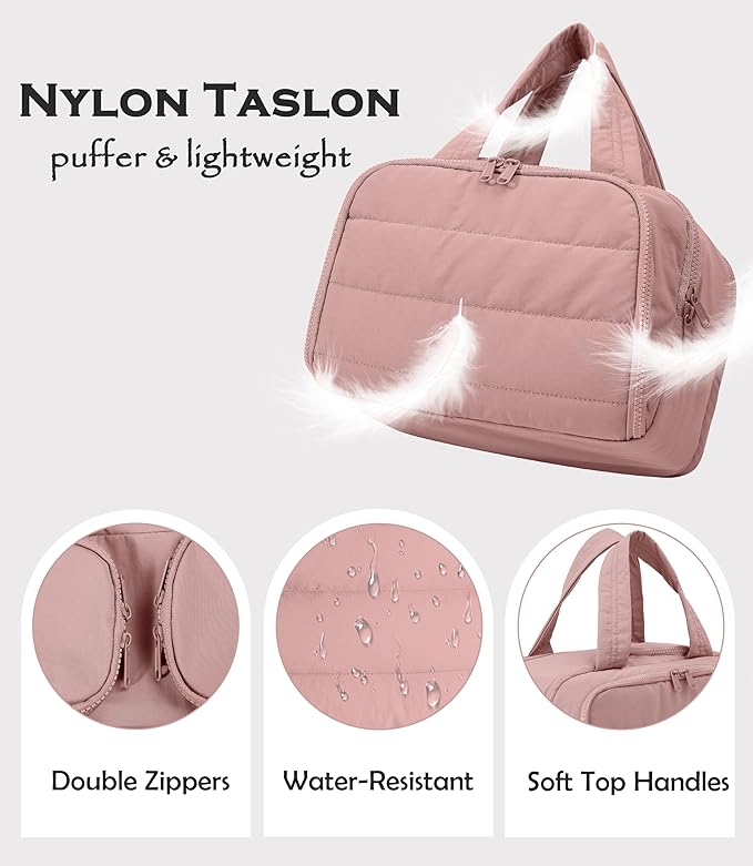 Travel Toiletry Bag for Women, Large Wide-open Puffy Cosmetic Makeup Bag with Wet-Dry Separation, Multi-Pocket Organizer with Carry Handle for Toiletries, Cosmetics, Essentials, Dark Pink