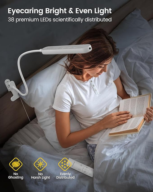 Glocusent 38 LED Clip On Light: 5W Eye Caring Book Lights for Reading at Night - 5 Color & 5 Brightness with a Remote, 30-Min Auto Off Timer, Multi-Purpose Clip Lamp for Bed Reading/Studying/Working