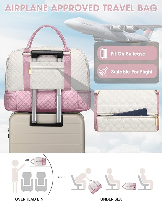 Travel Duffle Weekender Bags for Women: Overnight Bag with Shoe Compartment Carry On Bags with Toiletry & Wet Pocket Large Tote Hospital for Women Labor Delivery Beige Pink