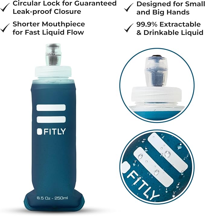 FITLY Soft Flask - Shrink As You Drink Soft Water Bottle for Hydration Pack - Folding Water Bottle Ideal for Running, Hiking, Cycling, Climbing & Rigorous Activity