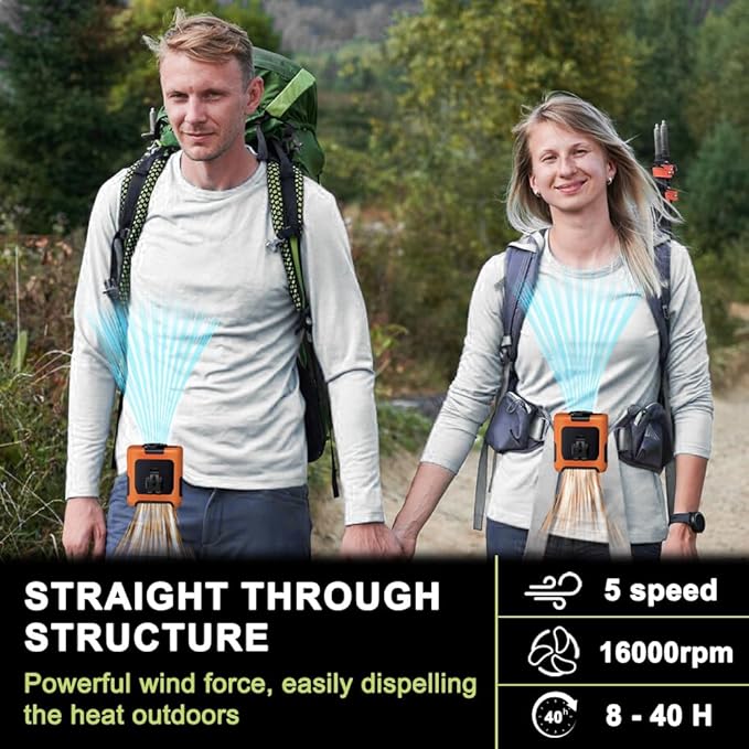 AINFTIME 2025 Portable Waist Clip Body Fan 10000mAh Personal Wearable 6-40H Powerful Outdoor (10000mAH / Orange)