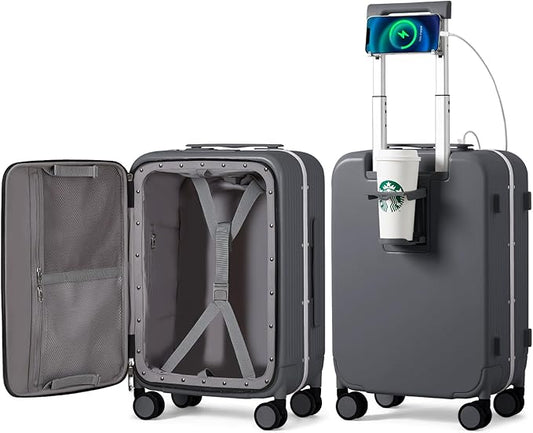 mixi Carry On Luggage with Cup Phone Holder and Charger Hard Shell Suitcases with Spinner Wheels,20 Inch Rock Gray
