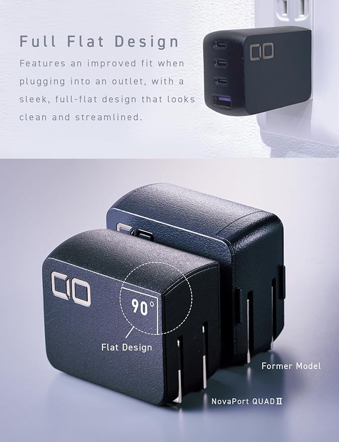CIO 65W GaN Charger Block, Compact 4-Port Adapter with 3 USB-C Ports & 1 USB-A, Max 67W USBC Fast-Charging Multi-Device Wall Charger Block for Laptop/Phone/Tablet, NovaPort Quad II 67W3C1A (Black)