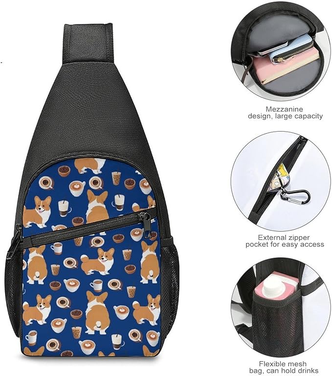 SWEET TANG Unisex Unique Chest Bag Gym Sack Fashion Sling Shoulder Backpack Outdoor Sports Daypack Shiba Inu Print Dog And Coffees, Multipurpose Adjustable Bag for Daily Use