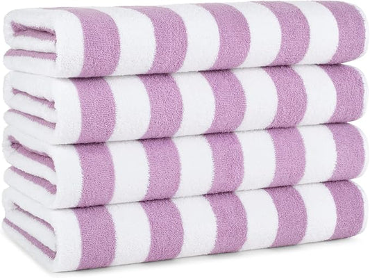 Arkwright California Cabana Stripe Beach Towel - Pack of 4, Large Soft Quick Dry Cotton Terry Towels Set for Pool, Swim, and Hot Tub, Oversized 30 x 70 in, Lavender
