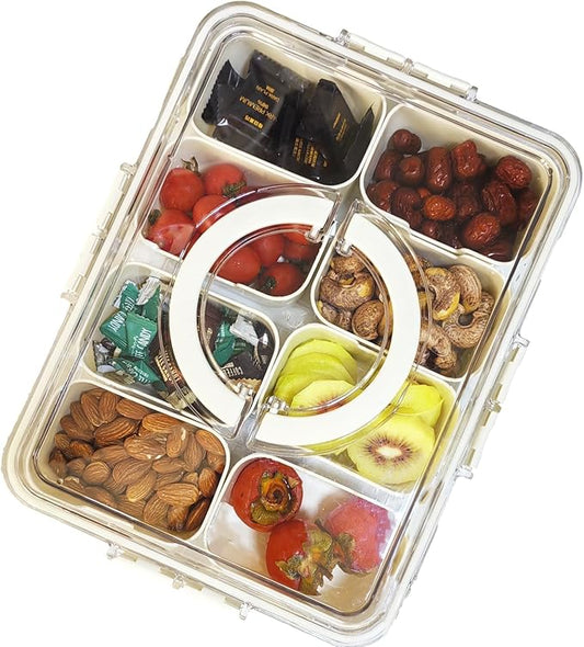 Divided Clear Snackle Box Container, Serving Tray with Lid & Handle, Charcuterie Board Container Storage Organizer for Fruit, Candy, Veggie, Nuts & Snacks, Perfect for Party, Travel, & Picnic