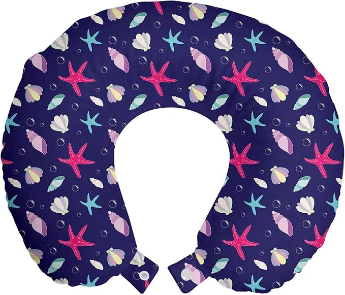 Ambesonne Navy and Blush Travel Pillow Neck Rest, Nautical Marine Pattern with Shells Starfishes and Bubbles Aquatic Wildlife, Memory Foam Traveling Accessory for Airplane and Car, 12", Purple Pink