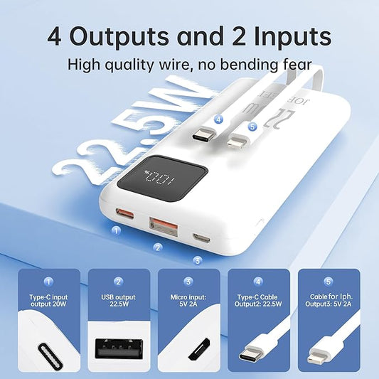 Portable Charger built-in Cables,Super fast charging Power Bank with Cords Wires,Slim 10000mAh Travel Battery Pack 4 Outputs 2 Inputs 3A Fast Charging compatible with IPhone Samsung Android (White)