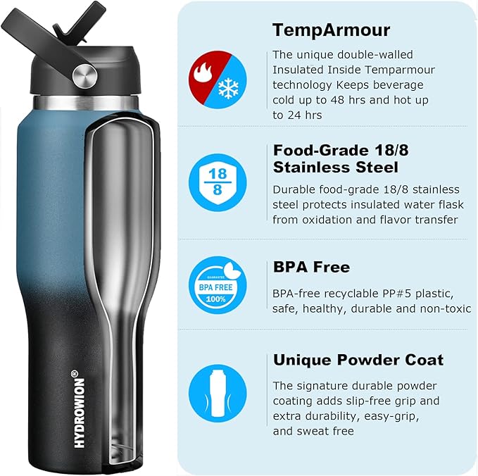 HYDROWION Insulated Water Bottles, Water Bottle fits in Car Cup Holder (Cold 48 hrs, Hot 24 hrs) with Straw Lid, Spout Lid and Flex Cap,T-shpaed Water Bottle Leakproof Travel Thermo Tumbler,Blue&Black