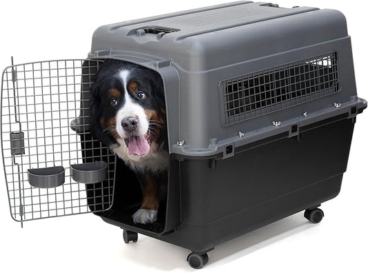 SportPet Airline Approved Wire Door Travel Dog Crate, Durable Plastic Pet Travel Kennel with Removable Wheels,Collapsible, Food Bowls & Accessories,Fits Dogs up to 32" L & 24" H - X-Large -Gray/Black