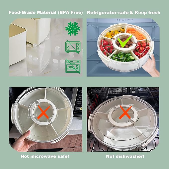 Rotating Divided Serving Tray with Lid and Handle,6 Compartments Snackle Box Container,12" Large Snack Spinner Lazy Susan,Snack Box Organizer Veggie Tray Fruit Platter Charcuterie Container Platterbox