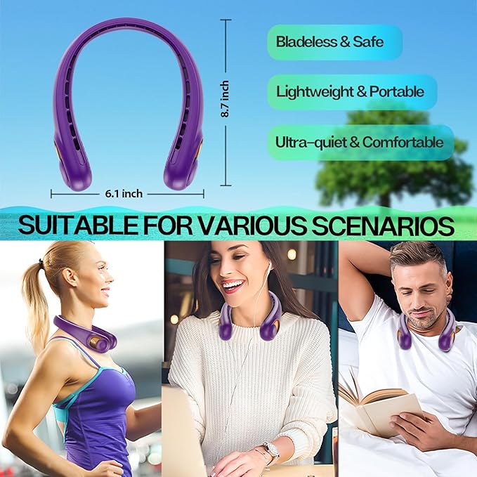 KIDEE Portable Neck Fan, Hands Free Bladeless Fan Rechargeable, 4000mAh Battery Operated USB Wearable Personal Fan, Upgraded Air Volume, 3 Speeds